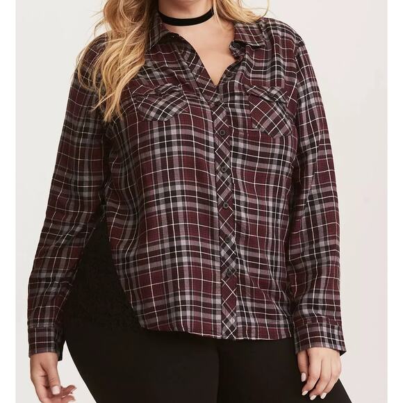 Torrid Camp Shirt Womens 1X Burgundy Gray Black Plaid Lace Button Up Soft Grunge - Picture 1 of 16